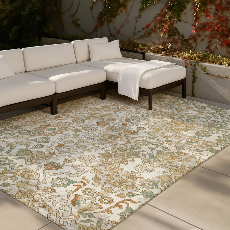 5' X 8' Ivory And Green Geometric Washable Indoor Outdoor Area Rug Homeroots Outdoor