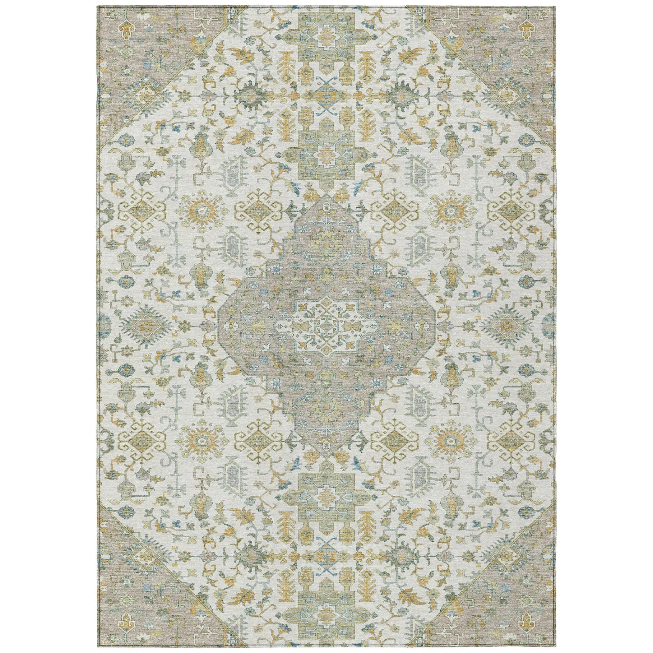 5' X 8' Ivory And Green Medallion Washable Indoor Outdoor Area Rug Homeroots Outdoor