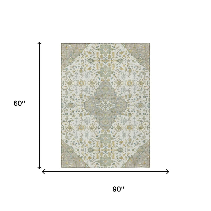 5' X 8' Ivory And Green Medallion Washable Indoor Outdoor Area Rug Homeroots Outdoor