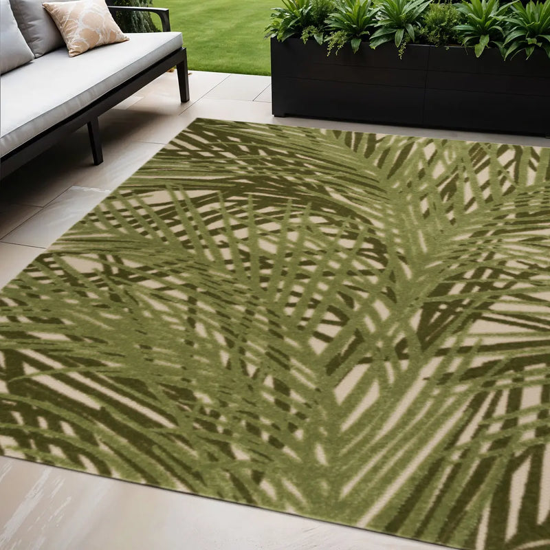 5' X 8' Ivory And Green Palm Leaf Indoor Outdoor Area Rug Homeroots Outdoor