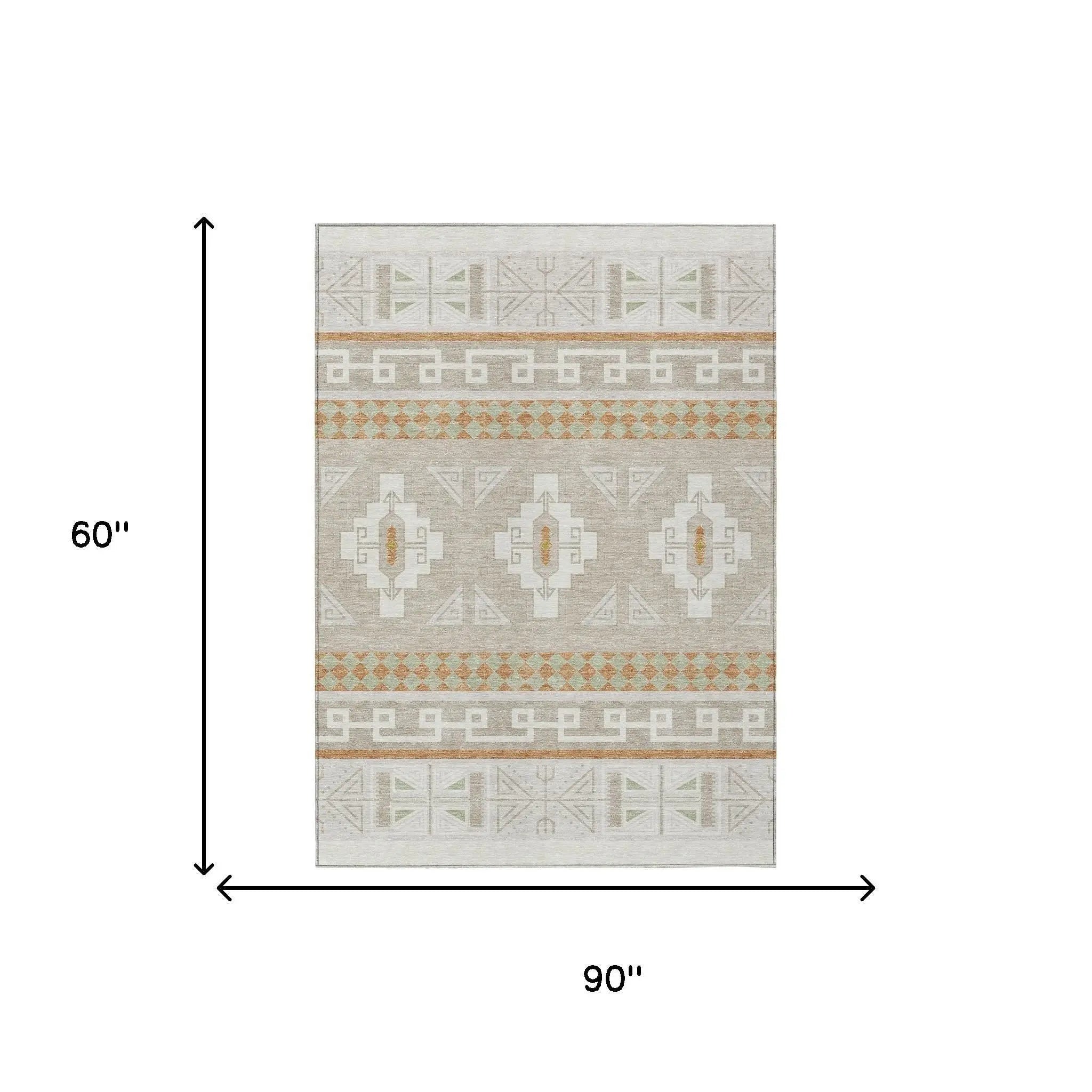 5' X 8' Ivory And Green Tribal Washable Indoor Outdoor Area Rug Homeroots Outdoor
