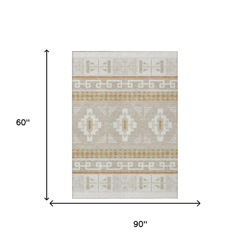5' X 8' Ivory And Green Tribal Washable Indoor Outdoor Area Rug Homeroots Outdoor