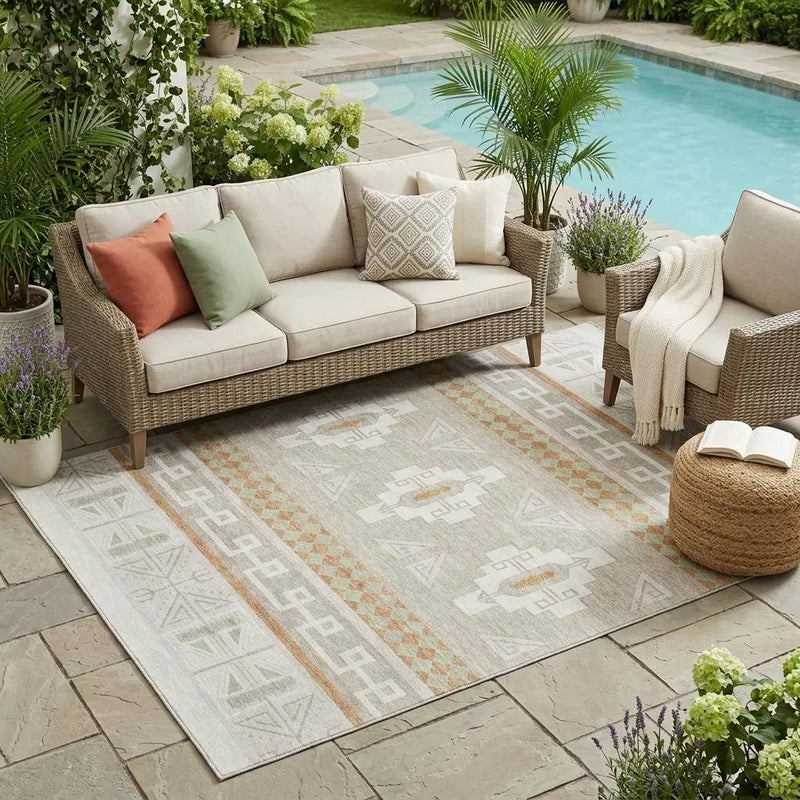 5' X 8' Ivory And Green Tribal Washable Indoor Outdoor Area Rug Homeroots Outdoor