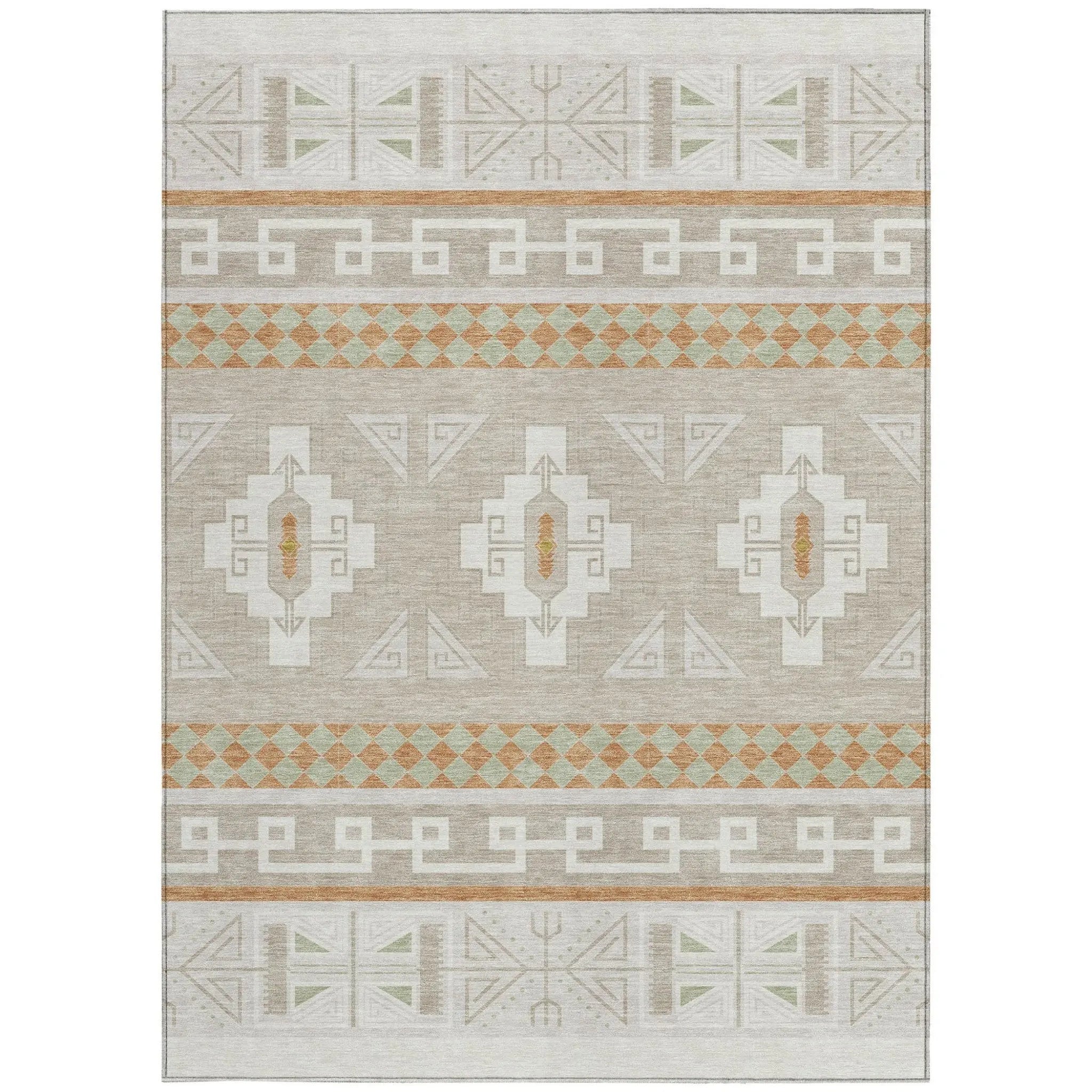 5' X 8' Ivory And Green Tribal Washable Indoor Outdoor Area Rug Homeroots Outdoor