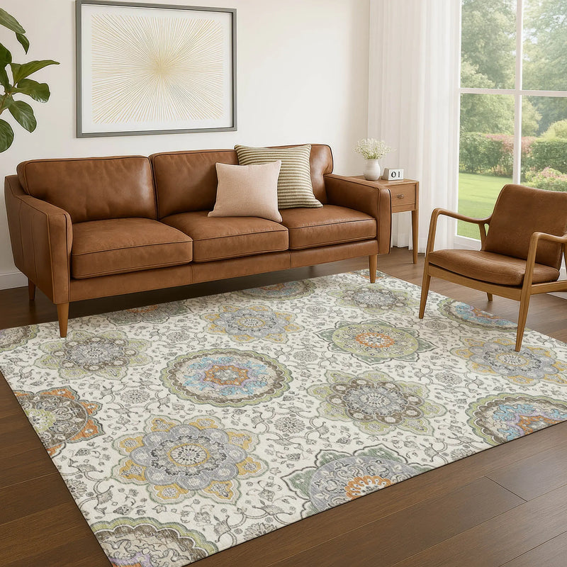 5' X 8' Ivory And Khaki Floral Medallion Washable Indoor Outdoor Area Rug Homeroots Outdoor