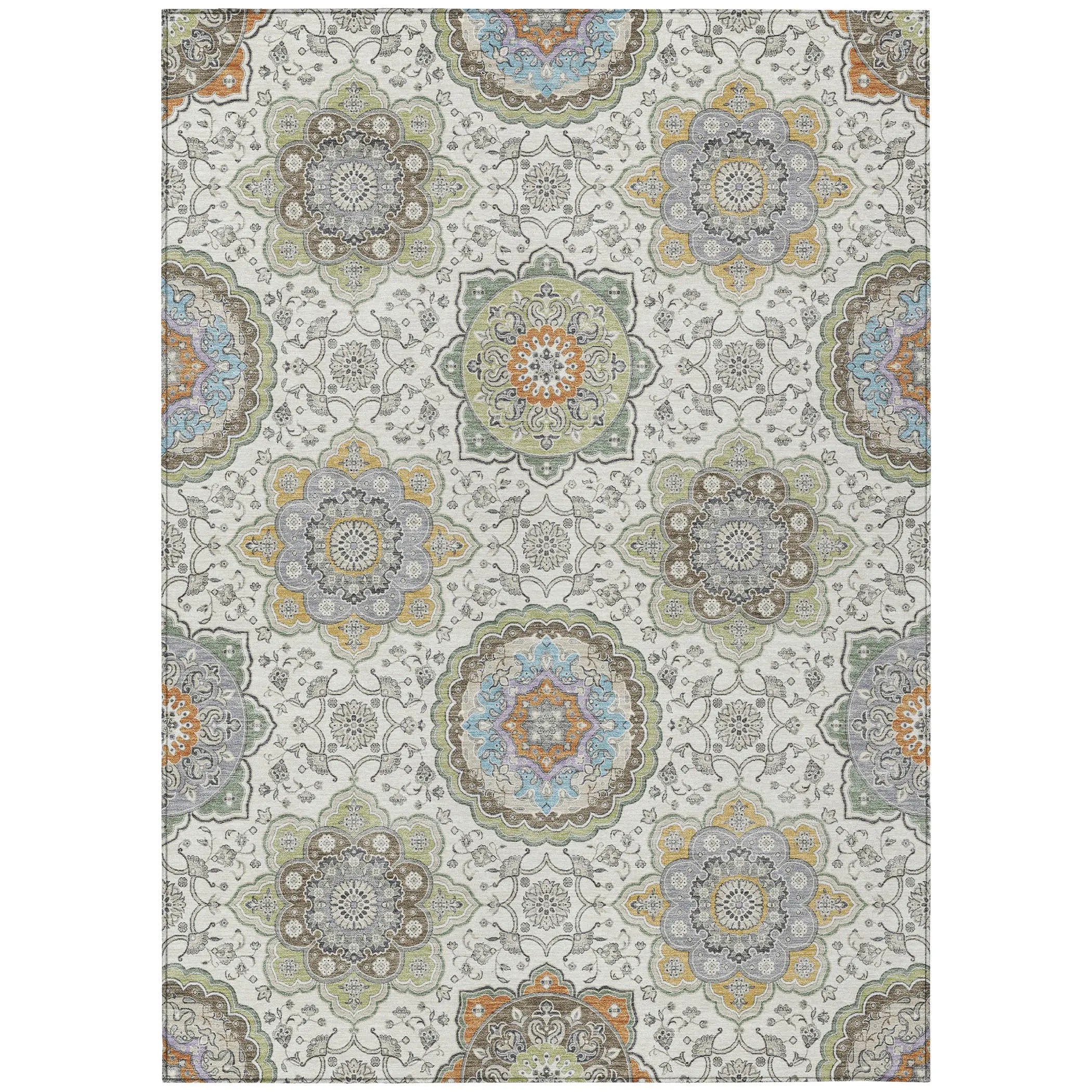 5' X 8' Ivory And Khaki Floral Medallion Washable Indoor Outdoor Area Rug Homeroots Outdoor