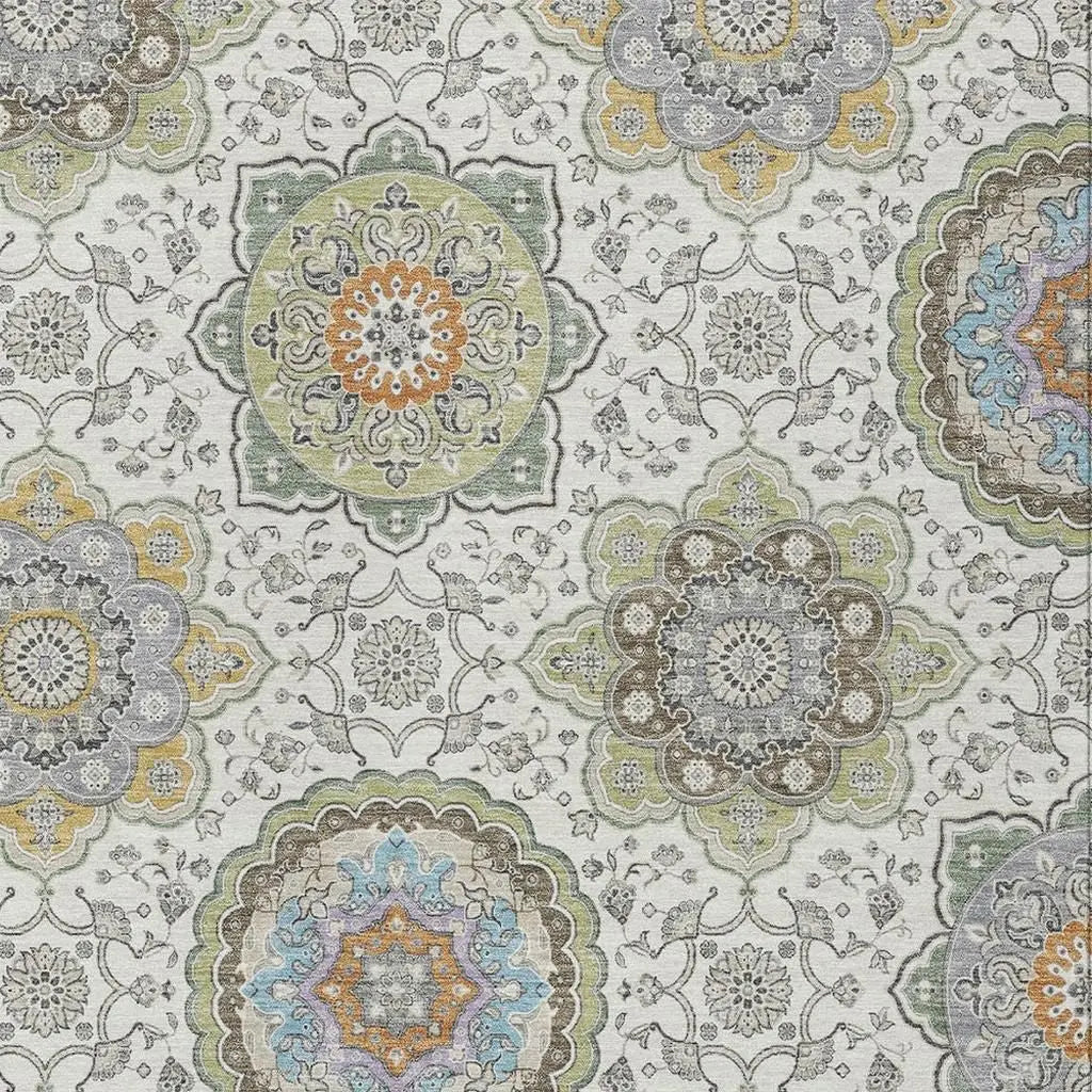 5' X 8' Ivory And Khaki Floral Medallion Washable Indoor Outdoor Area Rug Homeroots Outdoor