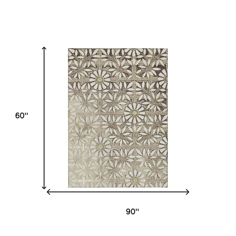 5' X 8' Ivory And Khaki Floral Washable Indoor Outdoor Area Rug Homeroots Outdoor