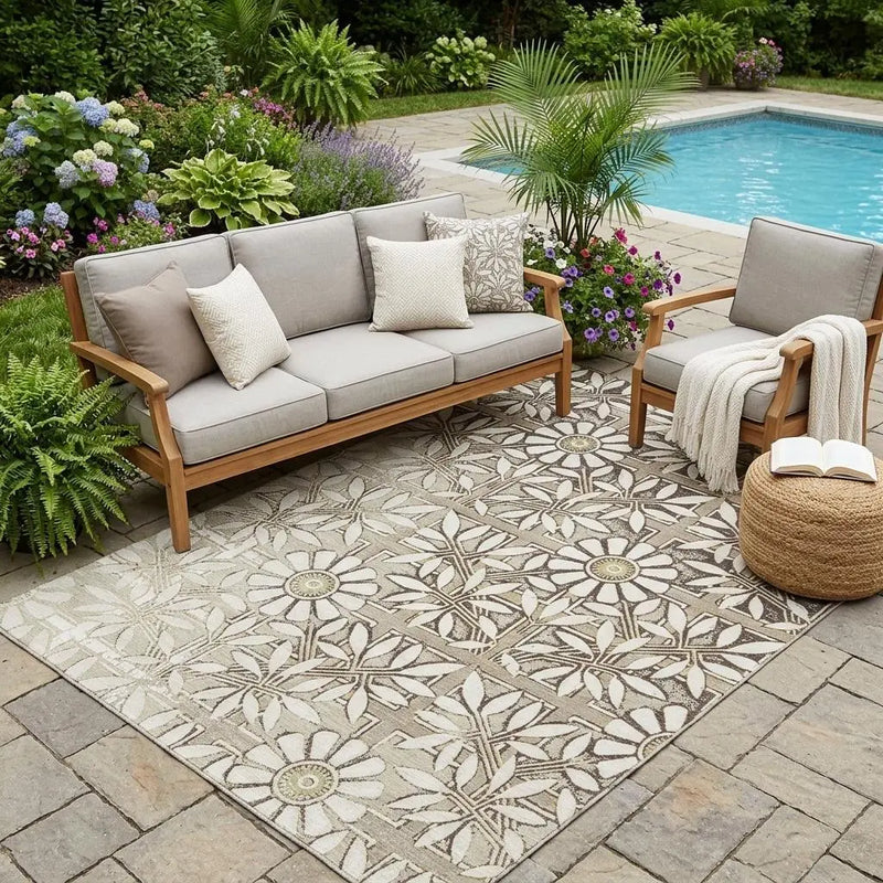 5' X 8' Ivory And Khaki Floral Washable Indoor Outdoor Area Rug Homeroots Outdoor