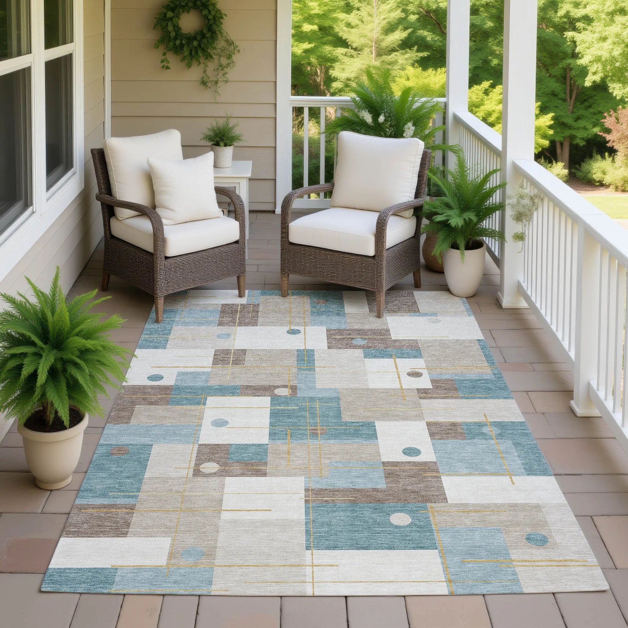 5' X 8' Ivory And Khaki Geometric Washable Indoor Outdoor Area Rug Homeroots Outdoor