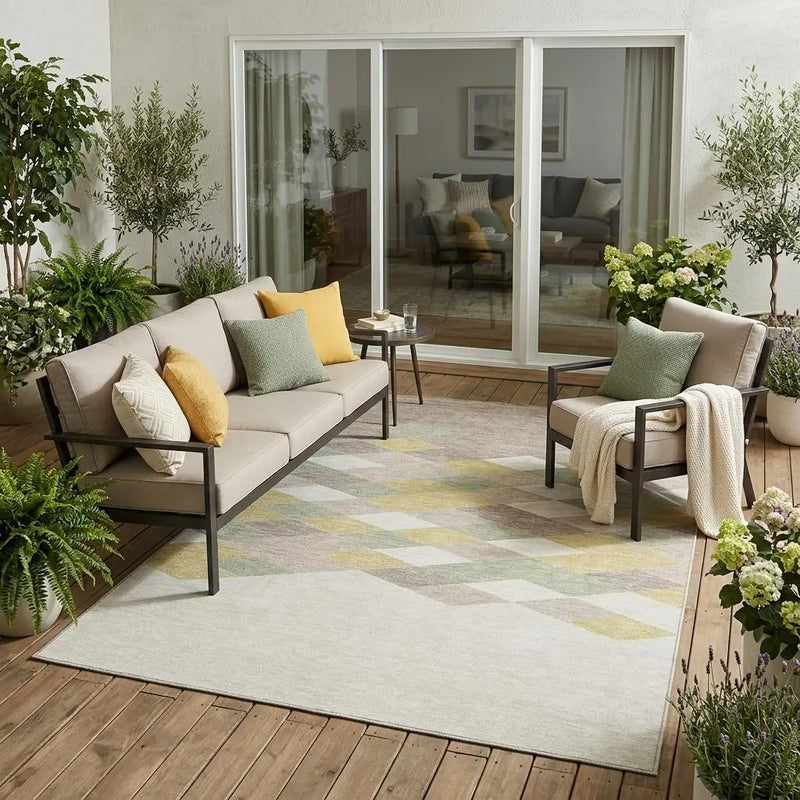 5' X 8' Ivory And Khaki Geometric Washable Indoor Outdoor Area Rug Homeroots Outdoor