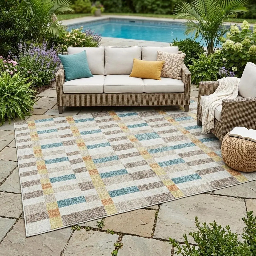 5' X 8' Ivory And Khaki Geometric Washable Indoor Outdoor Area Rug Homeroots Outdoor