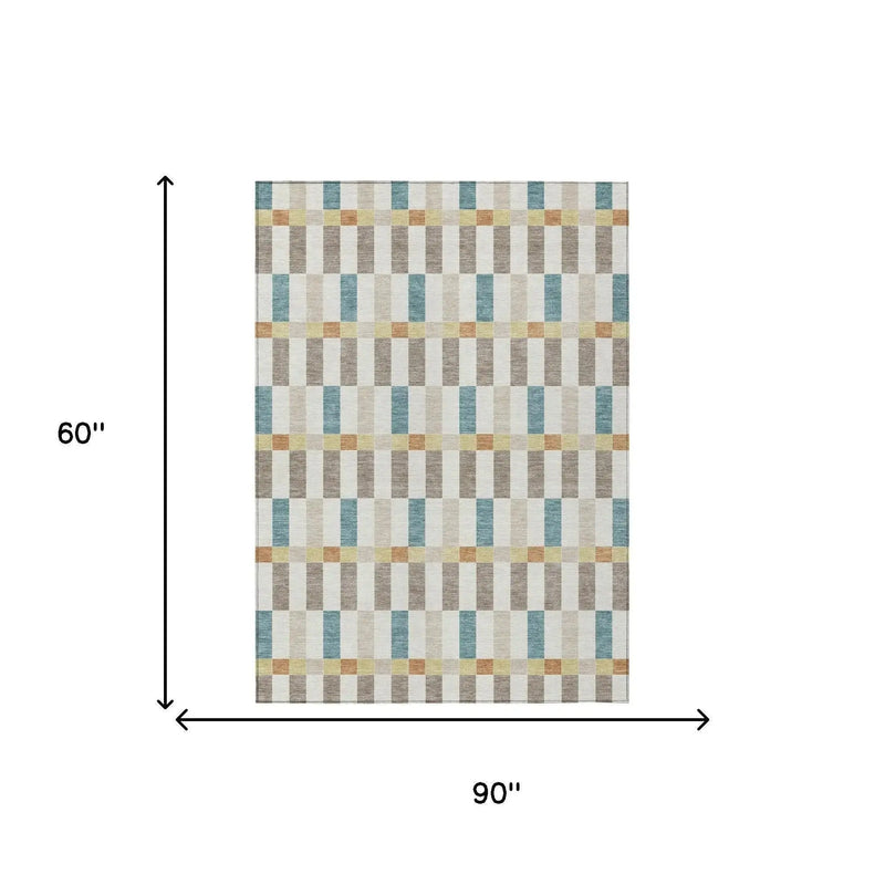 5' X 8' Ivory And Khaki Geometric Washable Indoor Outdoor Area Rug Homeroots Outdoor