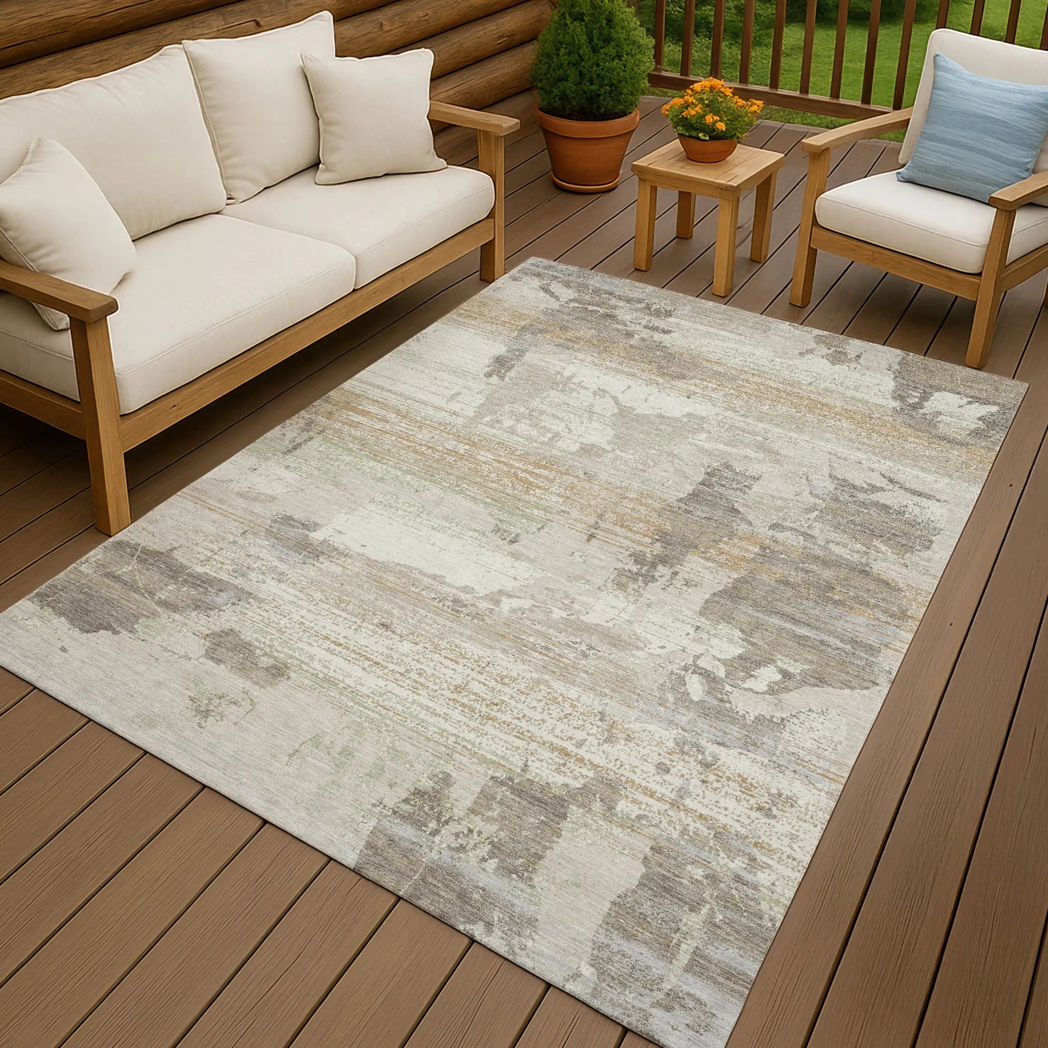 5' X 8' Ivory And Linen Abstract Washable Indoor Outdoor Area Rug Homeroots Outdoor