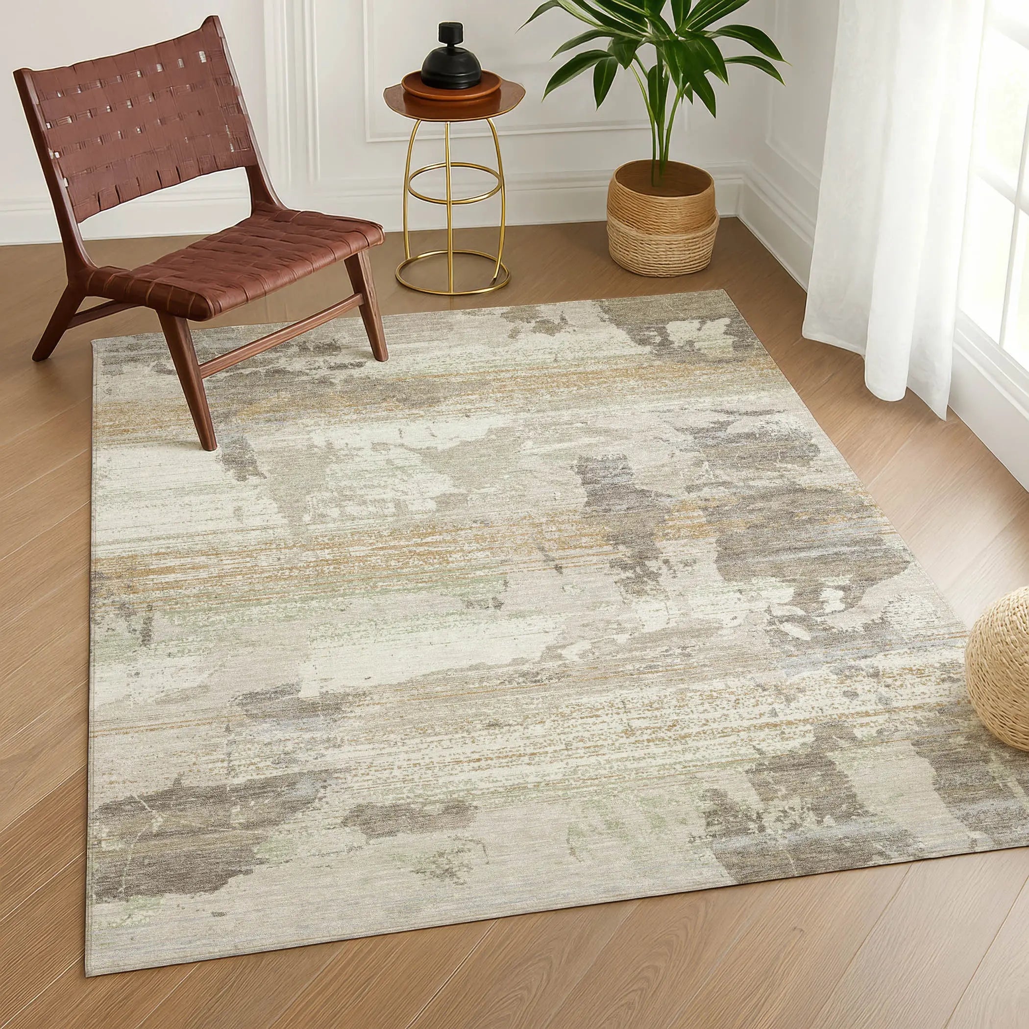 5' X 8' Ivory And Linen Abstract Washable Indoor Outdoor Area Rug Homeroots Outdoor