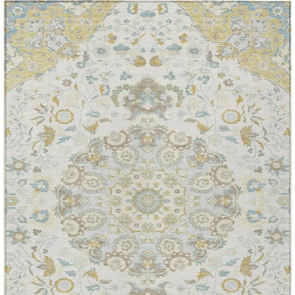 5' X 8' Ivory And Linen Damask Washable Indoor Outdoor Area Rug Homeroots Outdoor