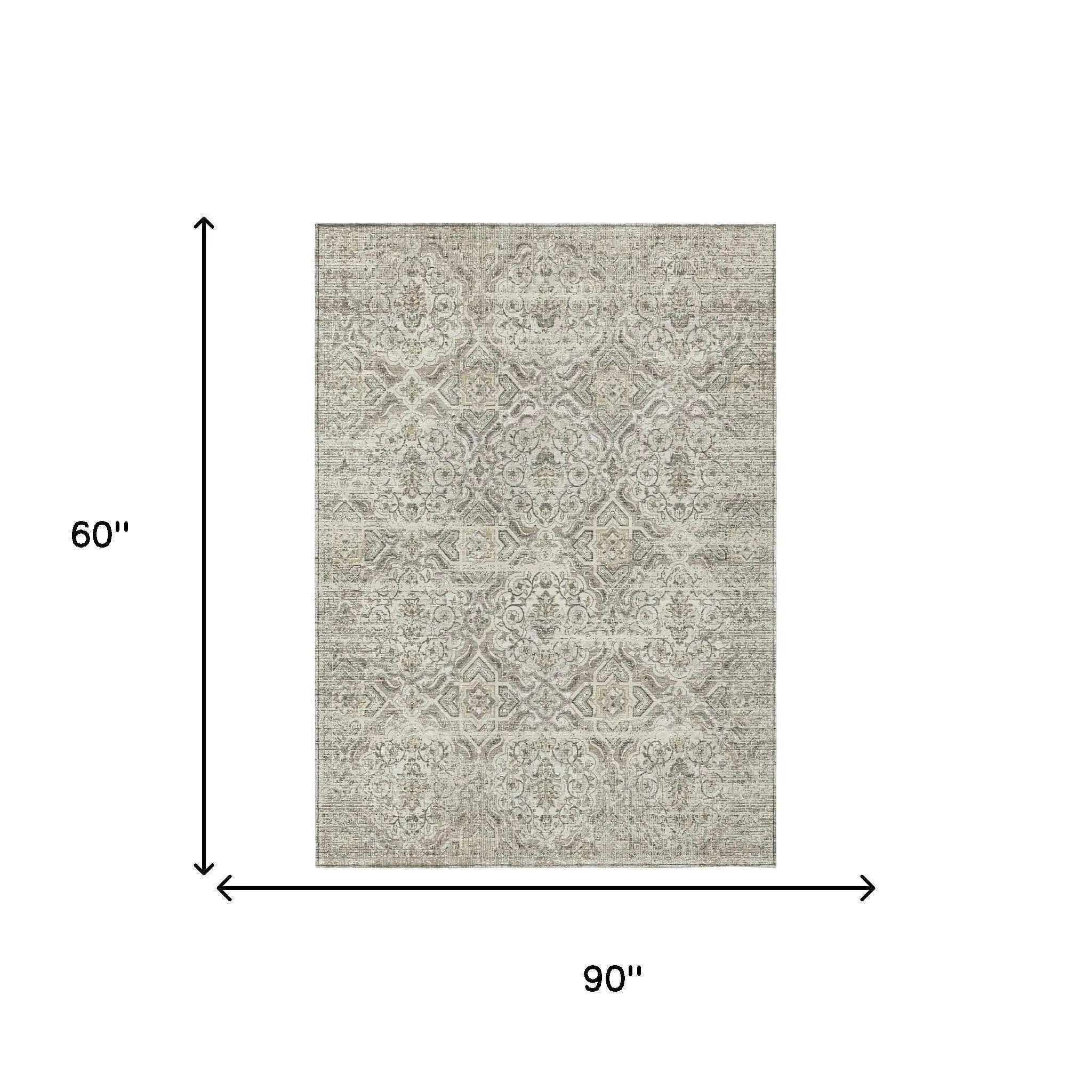 5' X 8' Ivory And Linen Floral Washable Indoor Outdoor Area Rug Homeroots Outdoor