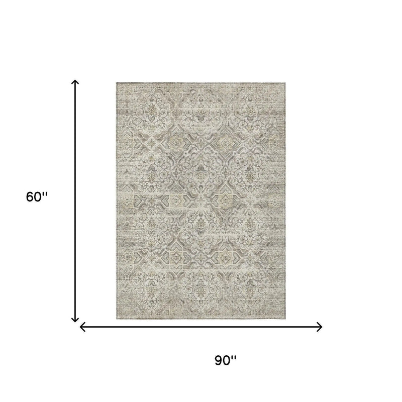 5' X 8' Ivory And Linen Floral Washable Indoor Outdoor Area Rug Homeroots Outdoor