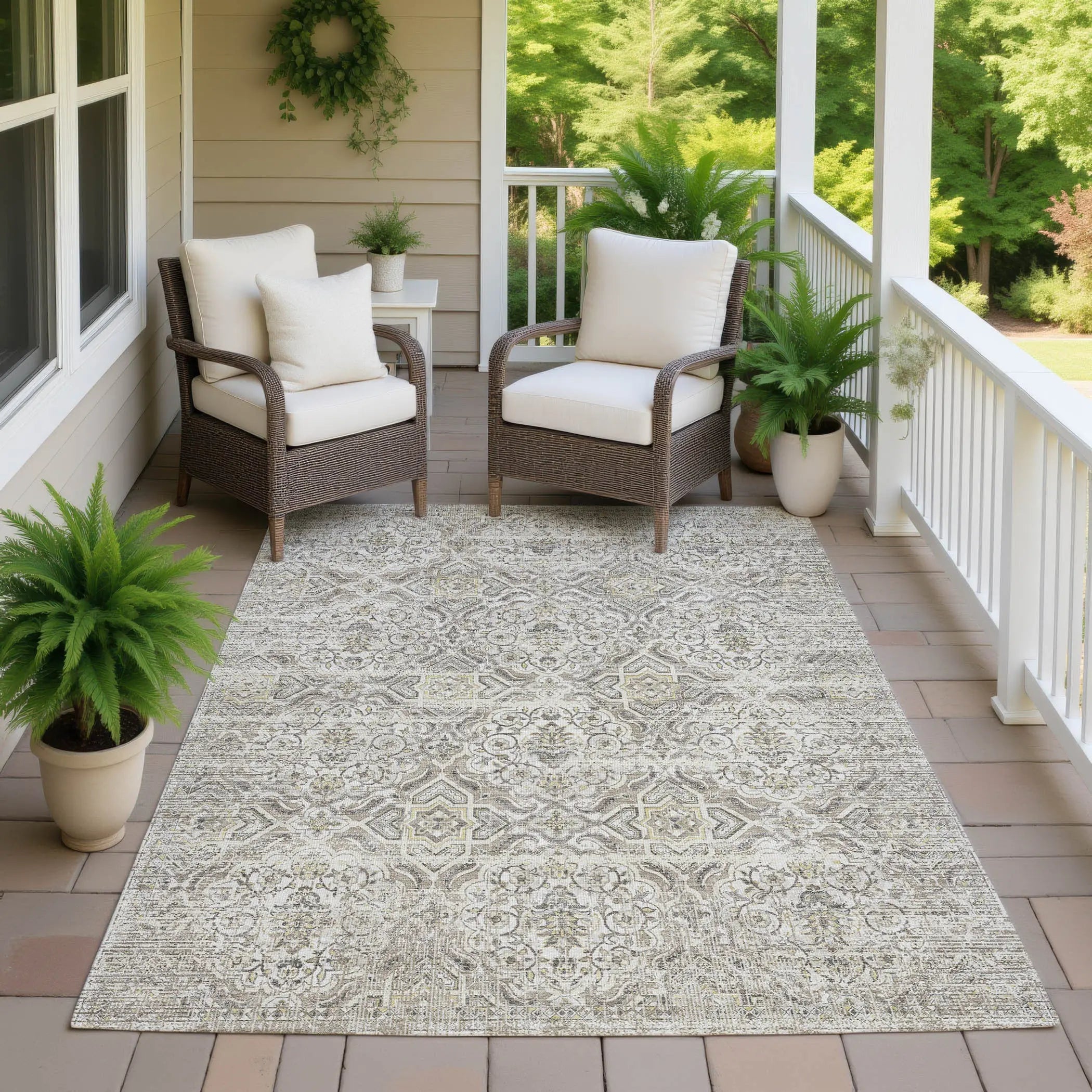 5' X 8' Ivory And Linen Floral Washable Indoor Outdoor Area Rug Homeroots Outdoor