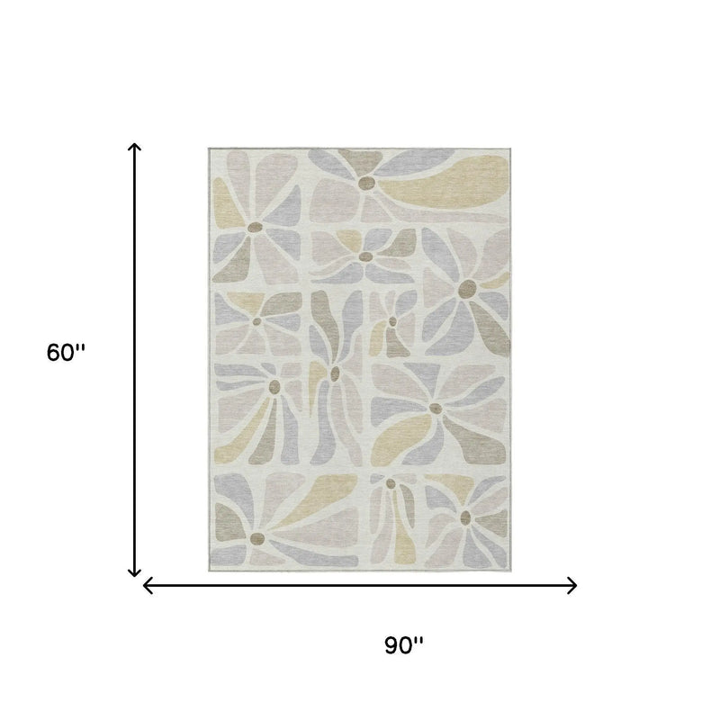 5' X 8' Ivory And Linen Floral Washable Indoor Outdoor Area Rug Homeroots Outdoor