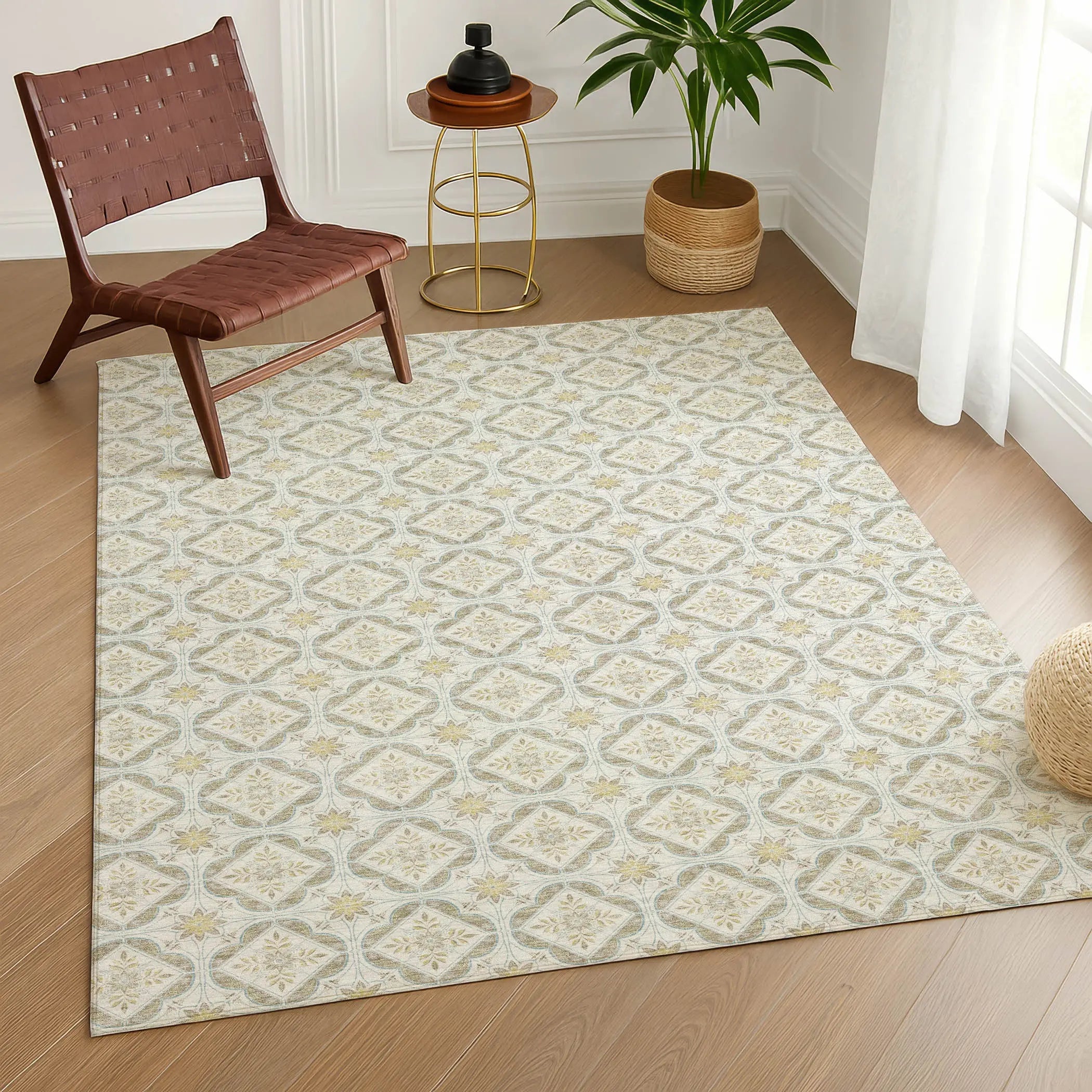 5' X 8' Ivory And Linen Geometric Washable Indoor Outdoor Area Rug Homeroots Outdoor