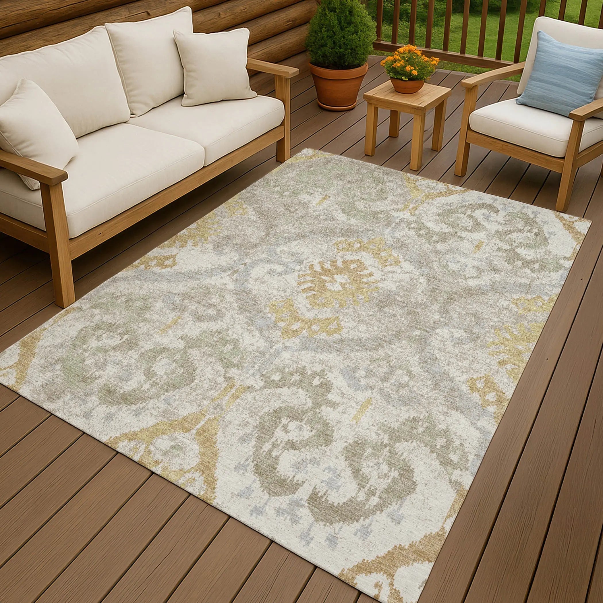5' X 8' Ivory And Linen Ikat Washable Indoor Outdoor Area Rug Homeroots Outdoor