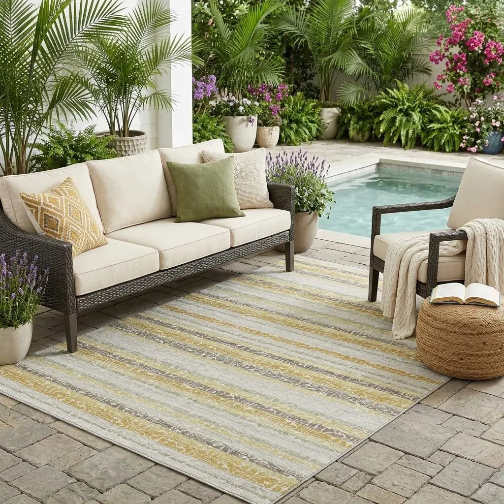 5' X 8' Ivory And Linen Striped Washable Indoor Outdoor Area Rug Homeroots Outdoor