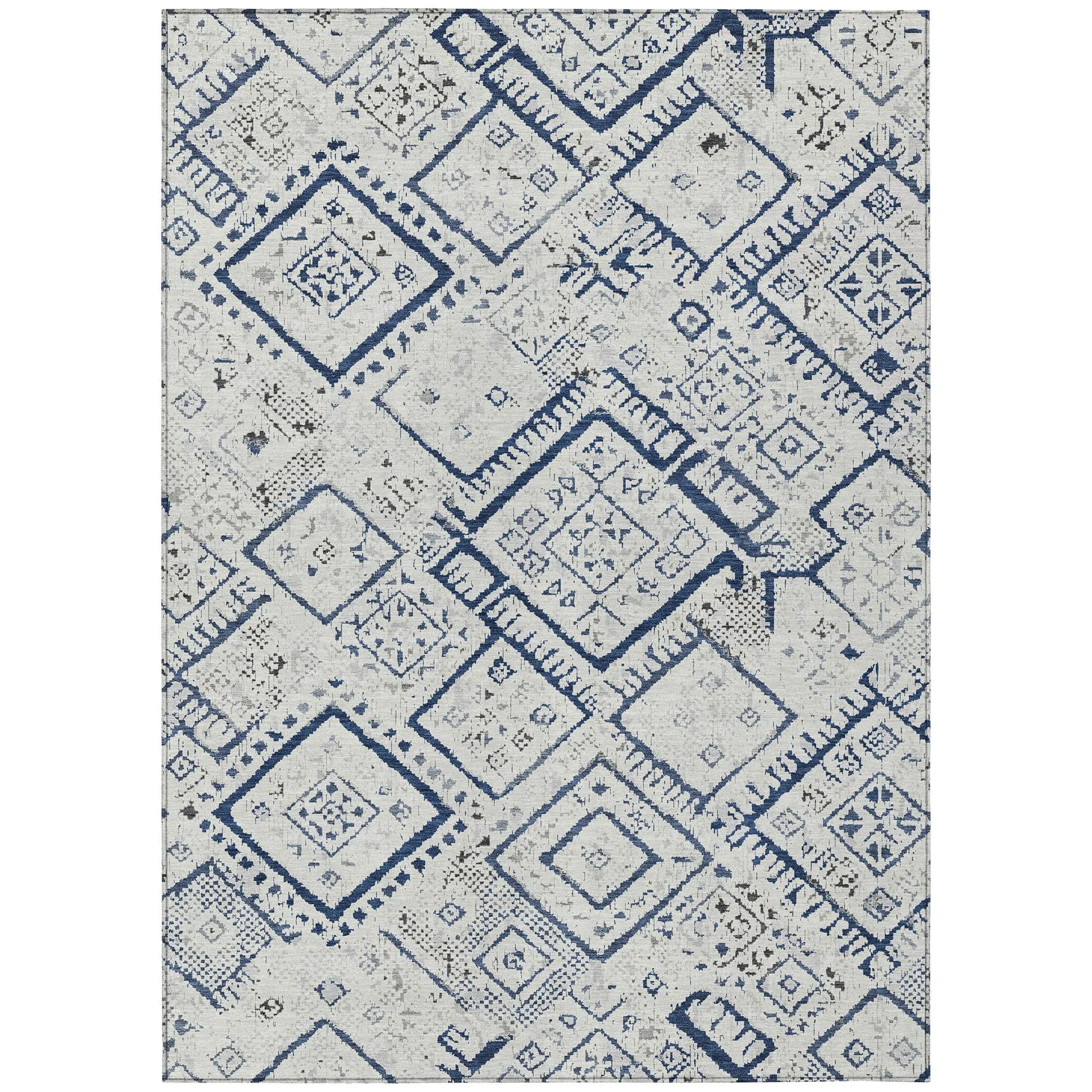 5' X 8' Ivory And Navy Blue Geometric Washable Indoor Outdoor Area Rug Homeroots Outdoor