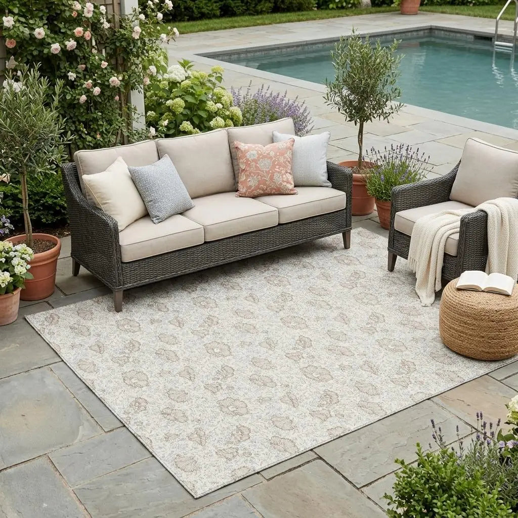 5' X 8' Ivory And Pearl Floral Washable Indoor Outdoor Area Rug Homeroots Outdoor