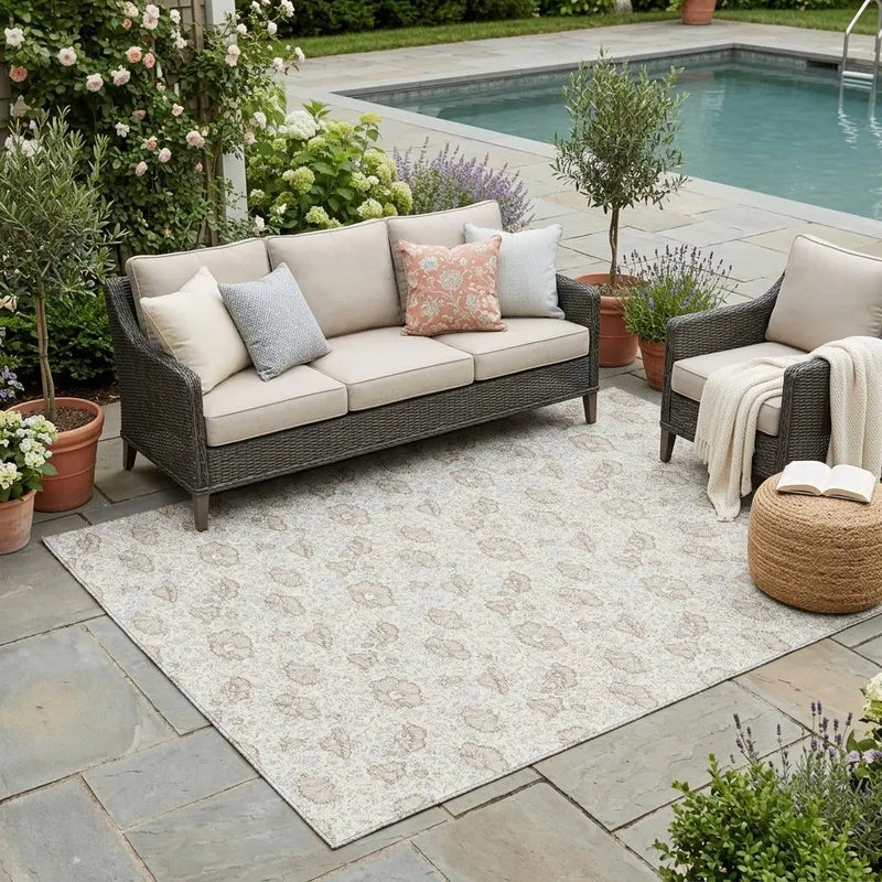 5' X 8' Ivory And Pearl Floral Washable Indoor Outdoor Area Rug Homeroots Outdoor