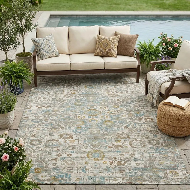 5' X 8' Ivory And Pewter Floral Medallion Washable Indoor Outdoor Area Rug Homeroots Outdoor