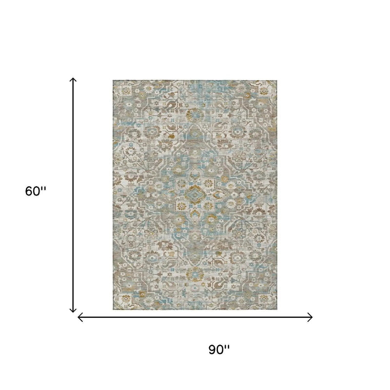 5' X 8' Ivory And Pewter Floral Medallion Washable Indoor Outdoor Area Rug Homeroots Outdoor