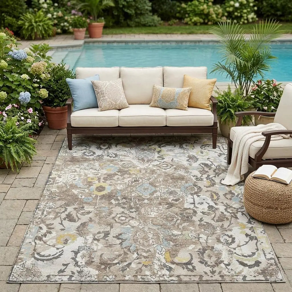 5' X 8' Ivory And Pewter Floral Washable Indoor Outdoor Area Rug Homeroots Outdoor