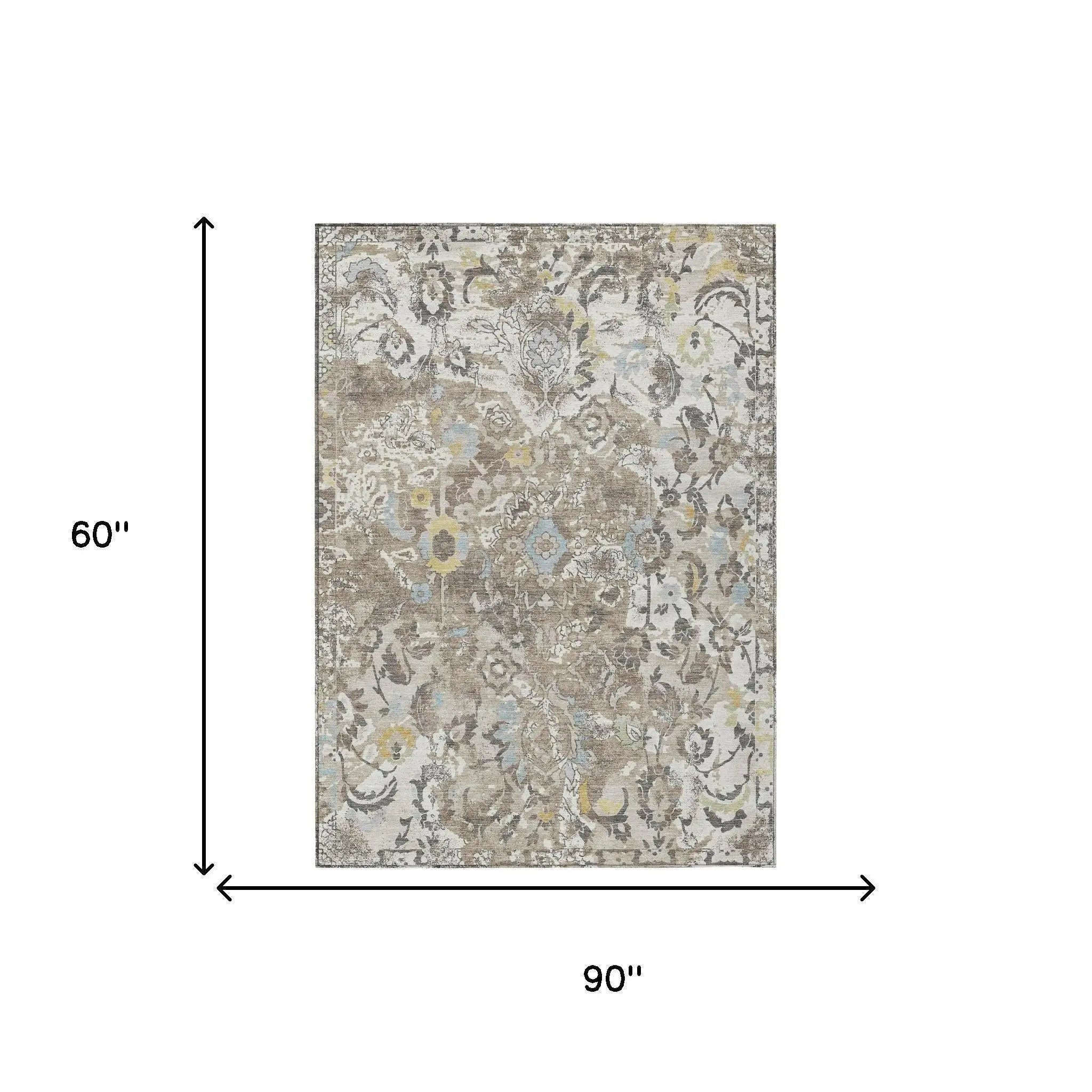 5' X 8' Ivory And Pewter Floral Washable Indoor Outdoor Area Rug Homeroots Outdoor