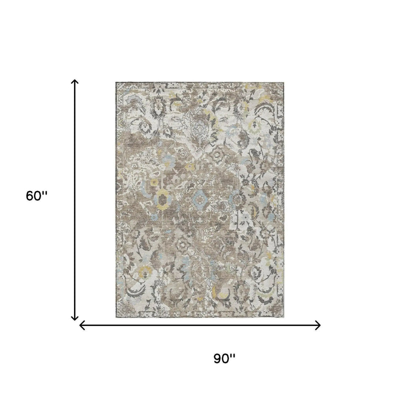 5' X 8' Ivory And Pewter Floral Washable Indoor Outdoor Area Rug Homeroots Outdoor