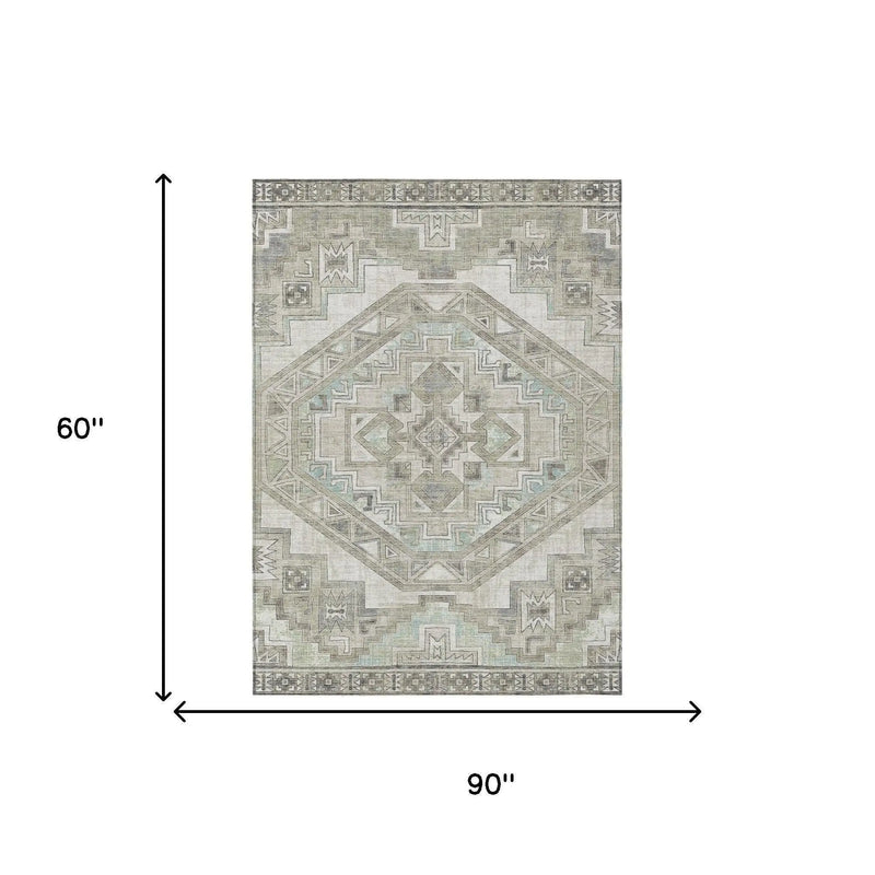 5' X 8' Ivory And Pewter Southwestern Washable Indoor Outdoor Area Rug Homeroots Outdoor