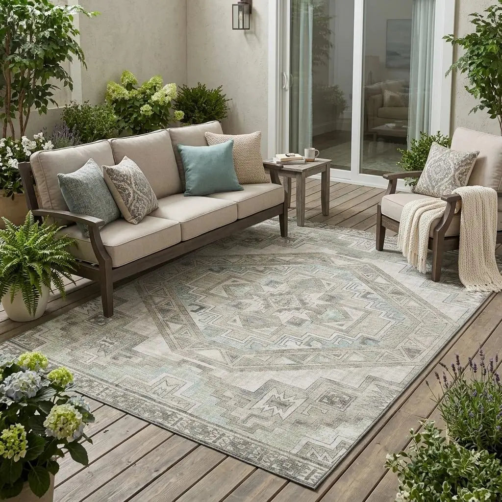 5' X 8' Ivory And Pewter Southwestern Washable Indoor Outdoor Area Rug Homeroots Outdoor