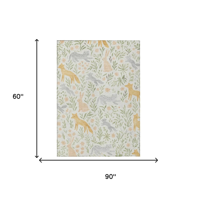 5' X 8' Ivory And Pink Botanical Leaves Washable Indoor Outdoor Area Rug Homeroots Outdoor