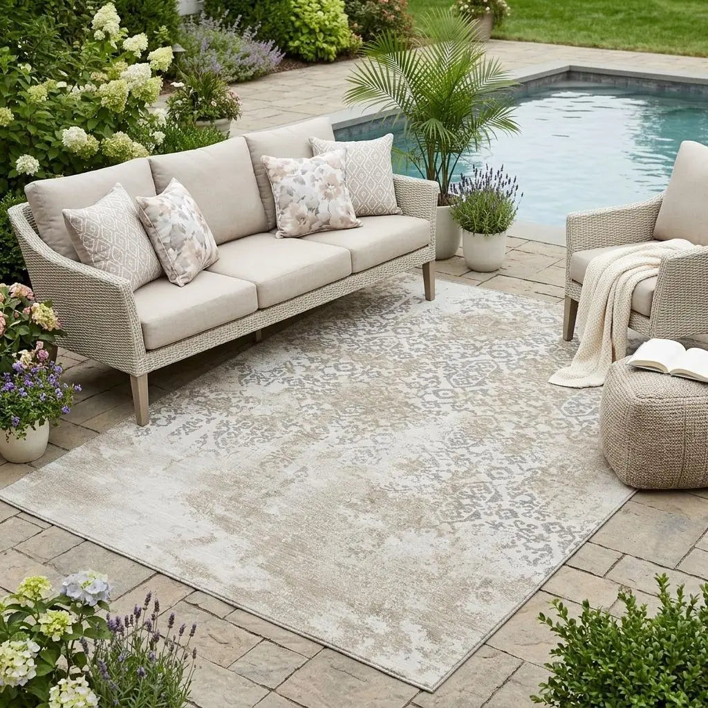 5' X 8' Ivory And Silver Abstract Washable Indoor Outdoor Area Rug Homeroots Outdoor