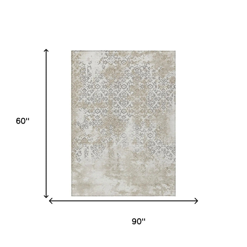 5' X 8' Ivory And Silver Abstract Washable Indoor Outdoor Area Rug Homeroots Outdoor