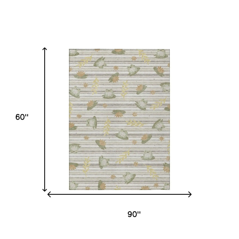 5' X 8' Ivory And Silver Botanical Leaves Washable Indoor Outdoor Area Rug Homeroots Outdoor