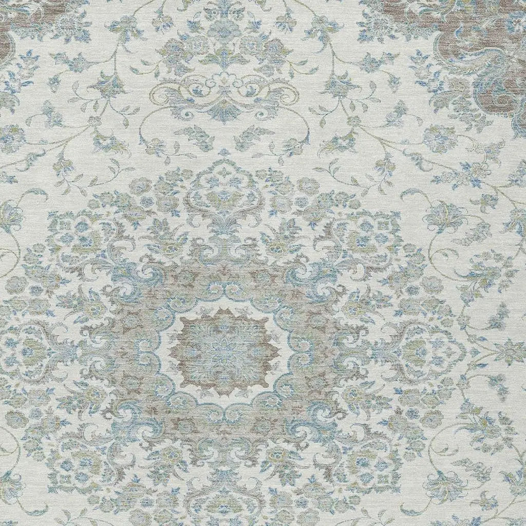 5' X 8' Ivory And Silver Floral Medallion Washable Indoor Outdoor Area Rug Homeroots Outdoor
