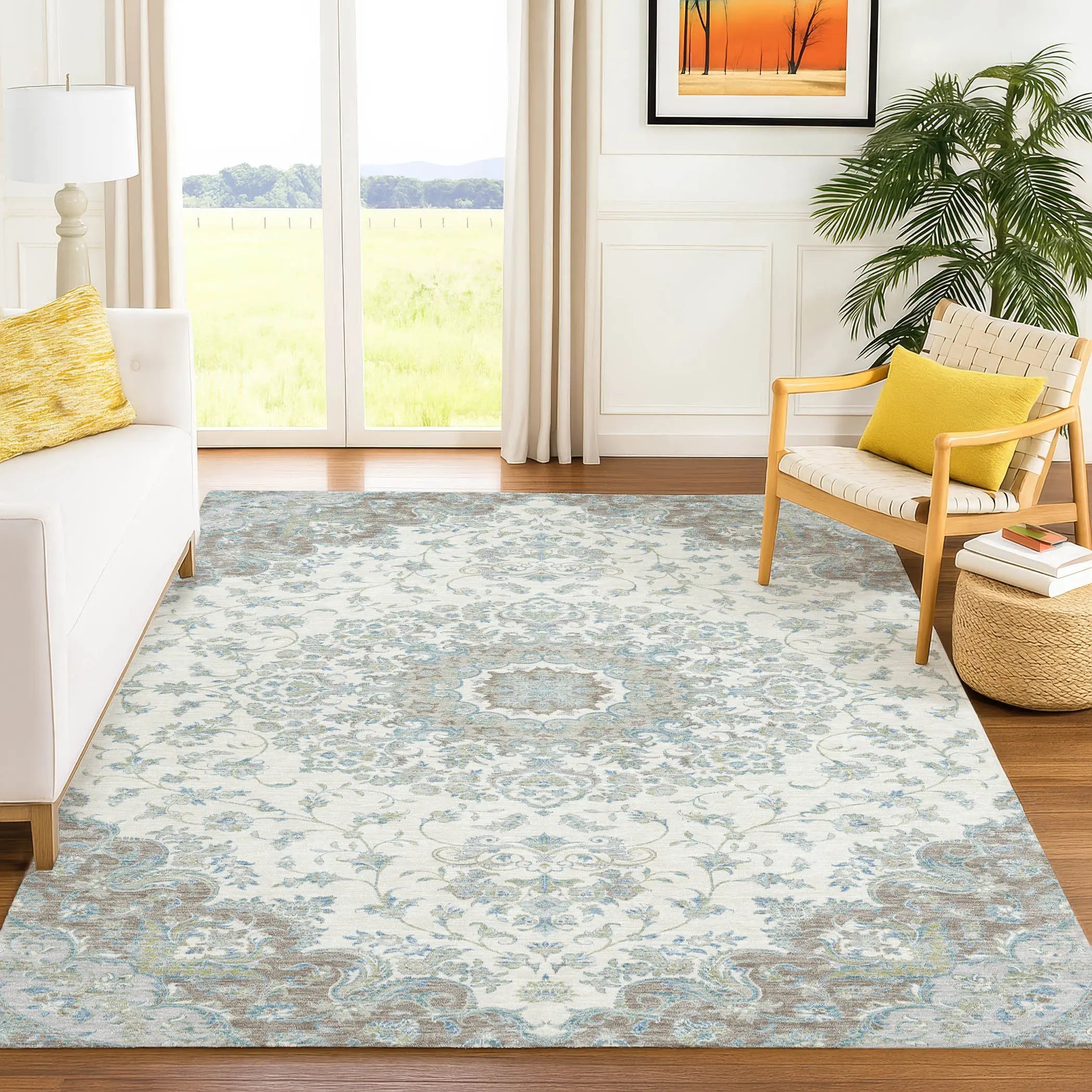 5' X 8' Ivory And Silver Floral Medallion Washable Indoor Outdoor Area Rug Homeroots Outdoor