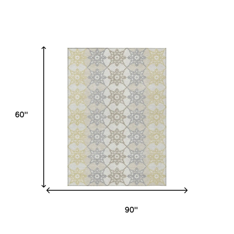 5' X 8' Ivory And Silver Floral Medallion Washable Indoor Outdoor Area Rug Homeroots Outdoor
