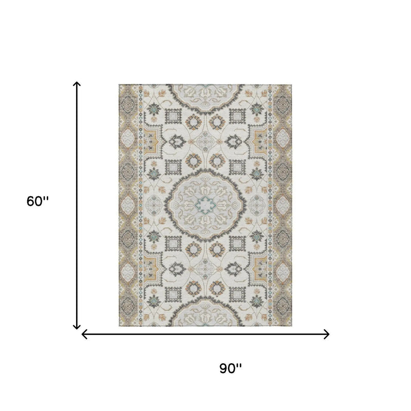 5' X 8' Ivory And Silver Floral Medallion Washable Indoor Outdoor Area Rug Homeroots Outdoor