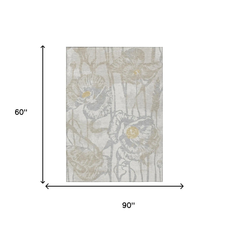 5' X 8' Ivory And Silver Floral Washable Indoor Outdoor Area Rug Homeroots Outdoor