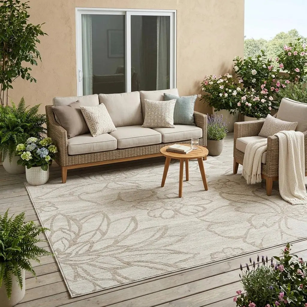 5' X 8' Ivory And Silver Floral Washable Indoor Outdoor Area Rug Homeroots Outdoor