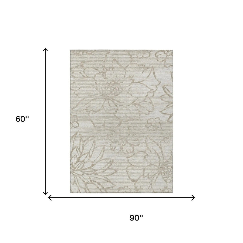 5' X 8' Ivory And Silver Floral Washable Indoor Outdoor Area Rug Homeroots Outdoor