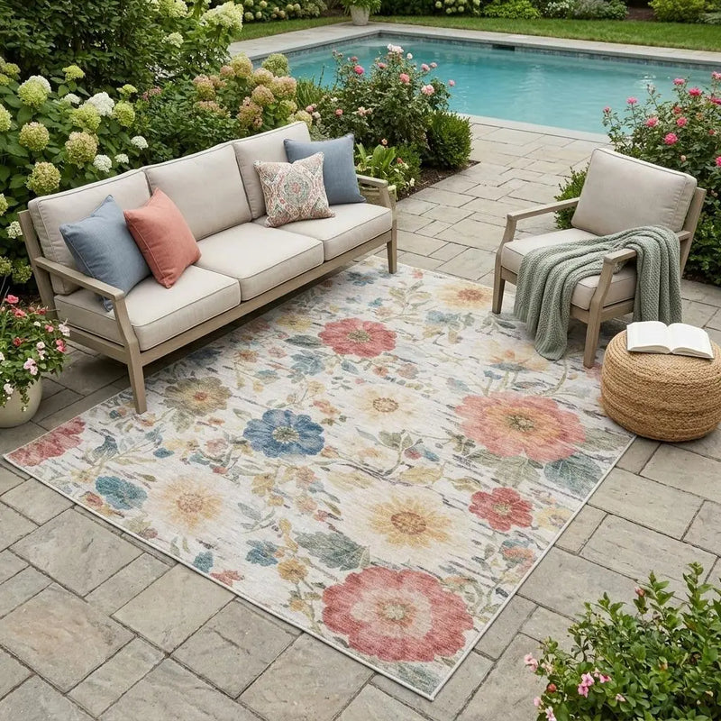 5' X 8' Ivory And Silver Floral Washable Indoor Outdoor Area Rug Homeroots Outdoor