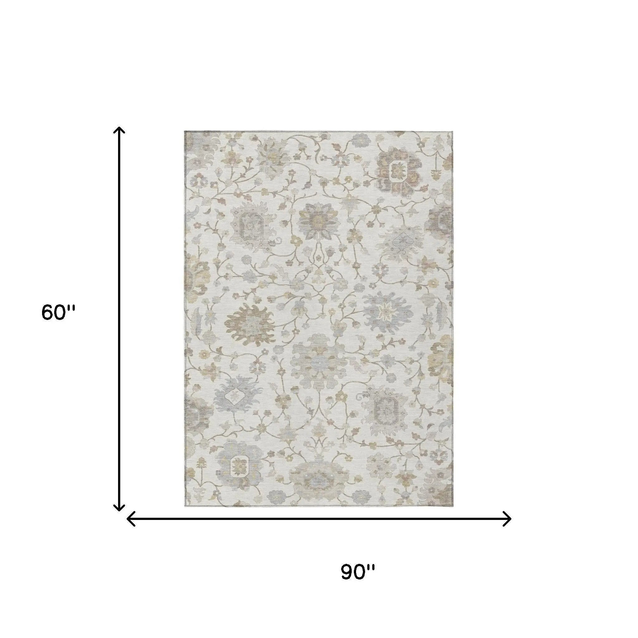 5' X 8' Ivory And Silver Floral Washable Indoor Outdoor Area Rug Homeroots Outdoor